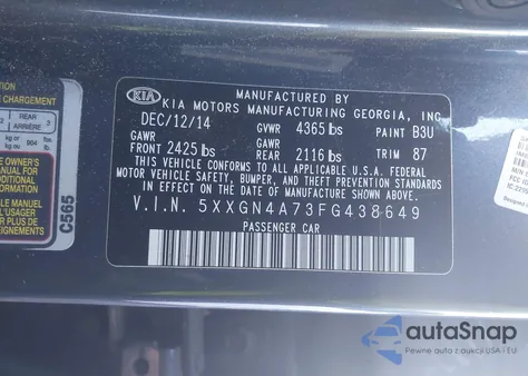 2015 Kia Optima Ex из США, поврежденный, VIN 5XXGN4A73FG438649